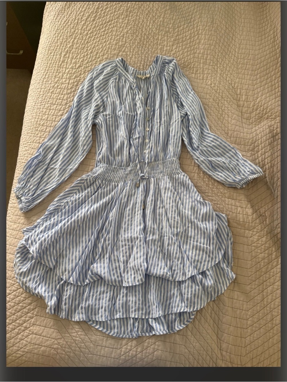 Blue & White Striped Long Sleeve Smocked Waist Mini Dress. Size Medium